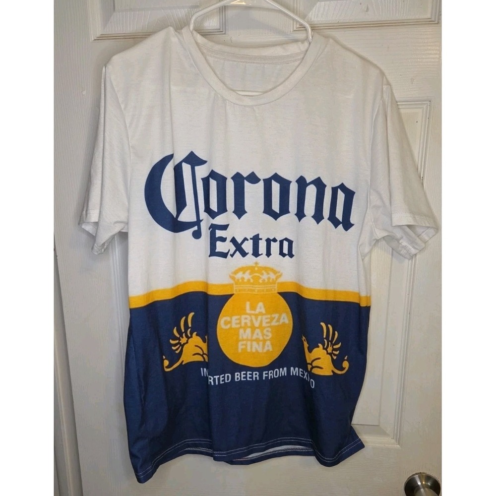 Corona Extra Beer Graphic T-Shirt Mens Large Blue White Yellow Logo Tee